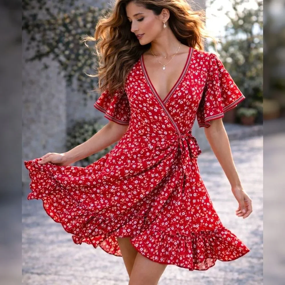 max studio red wrap dress Max Studio Floral Wrap Dress XLarge / Scarlet